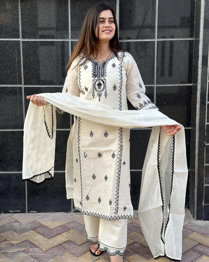 GoSriKi  GoSriKi Women's Rayon Blend Straight Embroidered Kurta with Pant & Dupatta (DEVANAGRI White-GS_L_White_Large) for Women | Best Price UAE