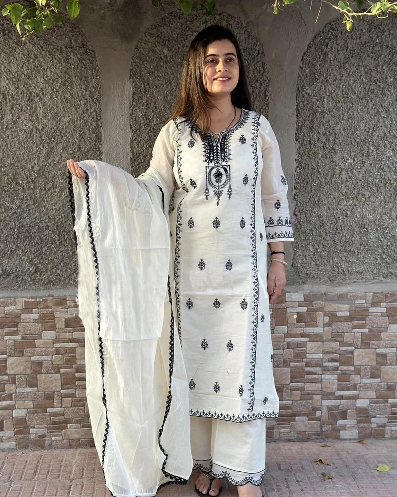 GoSriKi  GoSriKi Women's Rayon Blend Straight Embroidered Kurta with Pant & Dupatta (DEVANAGRI White-GS_L_White_Large) for Women | Best Price UAE