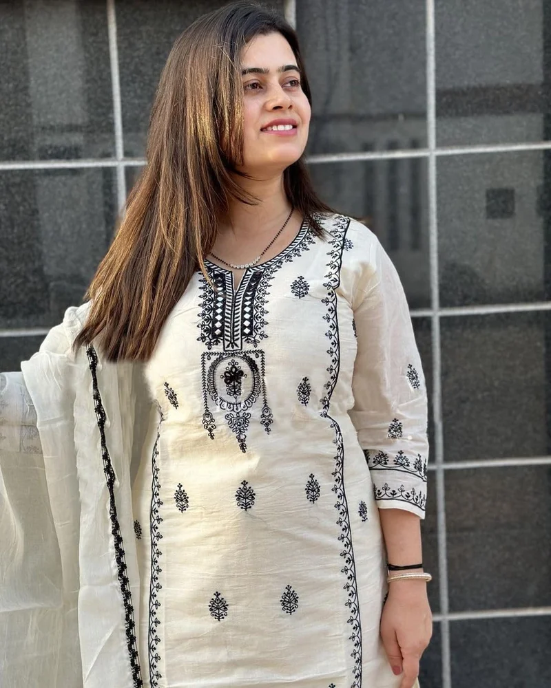 GoSriKi  GoSriKi Women's Rayon Blend Straight Embroidered Kurta with Pant & Dupatta (DEVANAGRI White-GS_L_White_Large) for Women | Best Price UAE