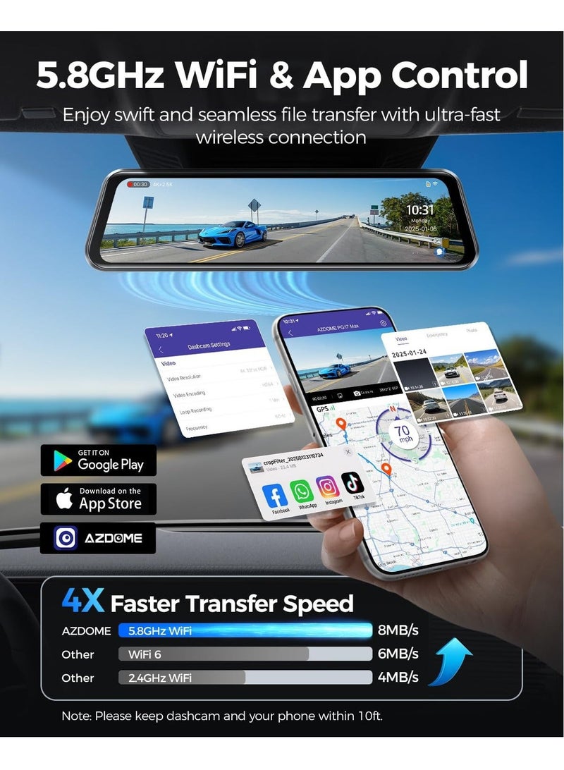 AZDOME PG17 Max 4K+2.5K Mirror Dash Cam with Hardwire Kit and 64GB TF Card,, 12" Rear View Mirror Camera with GPS,ADAS,BSD,LCA, 5GHz WiFi and Voice Control, Rearview Mirror Backup Camera, 24H Parking Monitor - Image 5