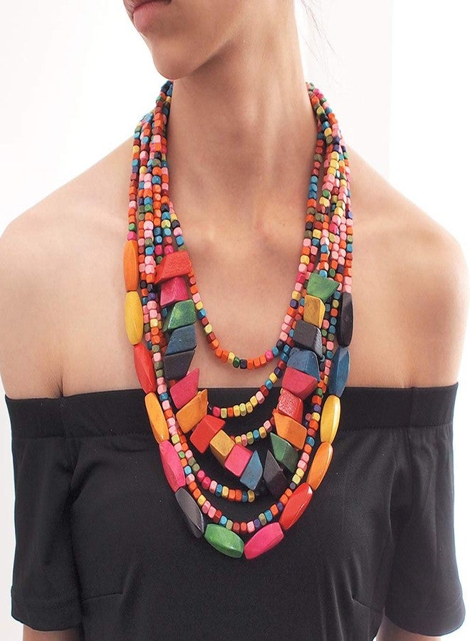 JHWZAIY Statement Multicolor Wood Bead Chunky Layered Necklace For Women Multi Layer Color Wooden Beaded Bib Long Strand African Necklace For Women Fashion Jewelry Costume (01) - Image 4