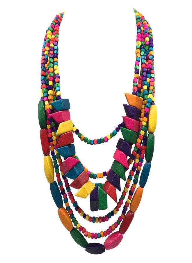 JHWZAIY Statement Multicolor Wood Bead Chunky Layered Necklace For Women Multi Layer Color Wooden Beaded Bib Long Strand African Necklace For Women Fashion Jewelry Costume (01) - Image 1