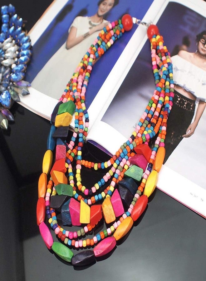 JHWZAIY Statement Multicolor Wood Bead Chunky Layered Necklace For Women Multi Layer Color Wooden Beaded Bib Long Strand African Necklace For Women Fashion Jewelry Costume (01) - Image 5