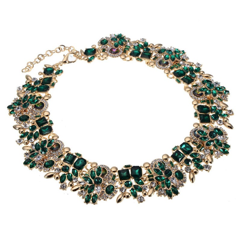 Jerollin Crystal Rhinestone Choker Bib Pendant Collar Statement Necklace for Evening Party Green