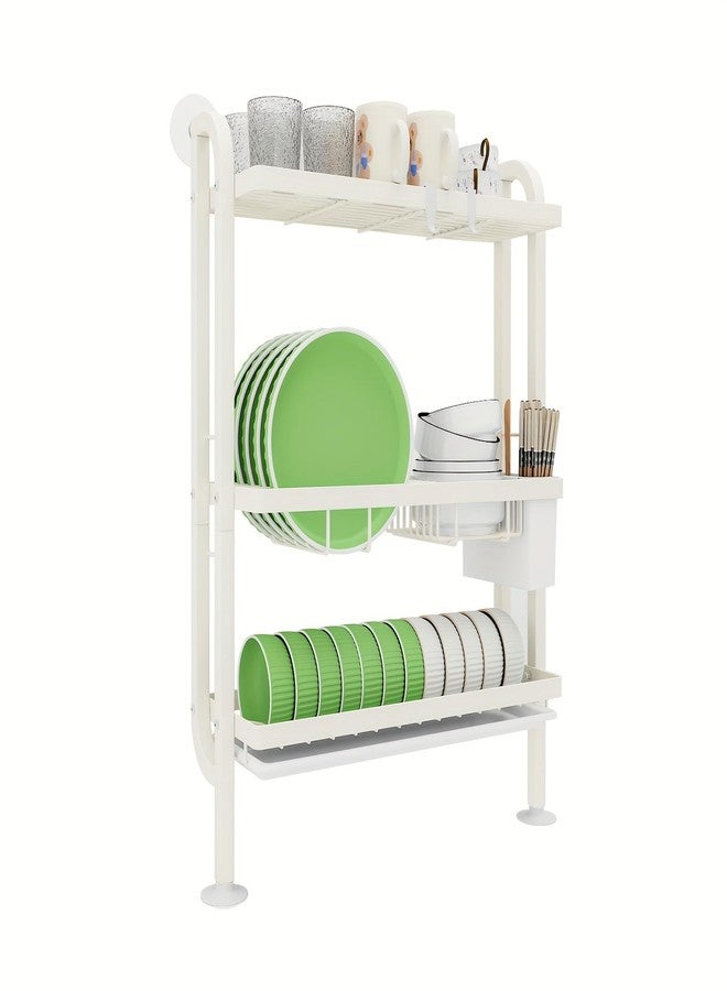 Kitwe Dish Rack for Worktop, 3-Tier Dish Drainer with Wall Support, No Drilling, Drip Tray & Suction Cups, Cream White. - Image 1