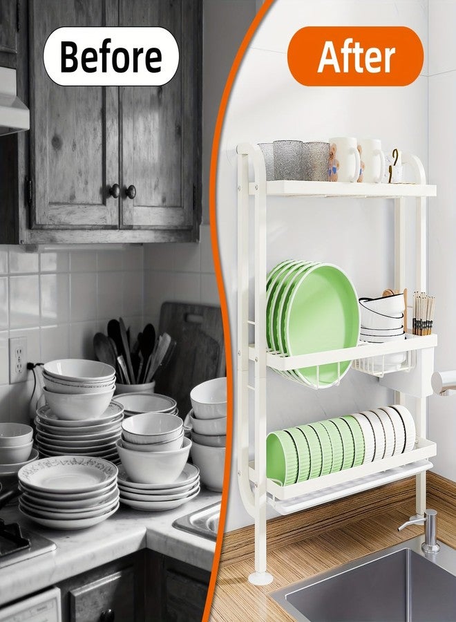 Kitwe Dish Rack for Worktop, 3-Tier Dish Drainer with Wall Support, No Drilling, Drip Tray & Suction Cups, Cream White. - Image 3