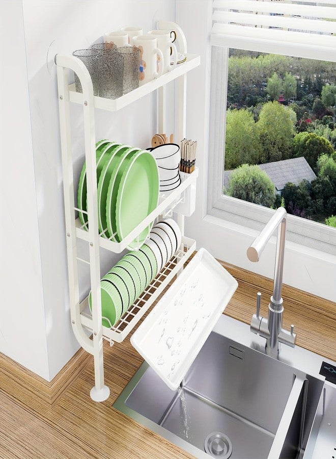 Kitwe Dish Rack for Worktop, 3-Tier Dish Drainer with Wall Support, No Drilling, Drip Tray & Suction Cups, Cream White. - Image 5