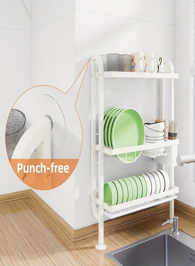 Kitwe Dish Rack for Worktop, 3-Tier Dish Drainer with Wall Support, No Drilling, Drip Tray & Suction Cups, Cream White. - Image 4