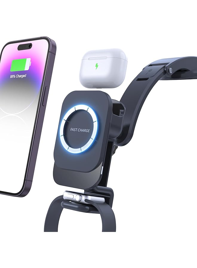 NALACAL 3 In 1 Wireless Magnetic Car Charger Mount, Compatible With Iphones, Samsung Phones, Apple Watch, Airpods, Fast Charging, 360 Rotation, Dashboard Or Air Vent Attachment - Image 1
