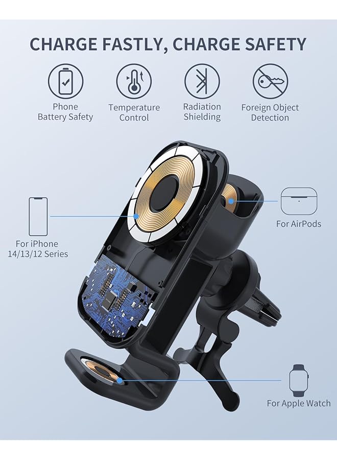 NALACAL 3 In 1 Wireless Magnetic Car Charger Mount, Compatible With Iphones, Samsung Phones, Apple Watch, Airpods, Fast Charging, 360 Rotation, Dashboard Or Air Vent Attachment - Image 5