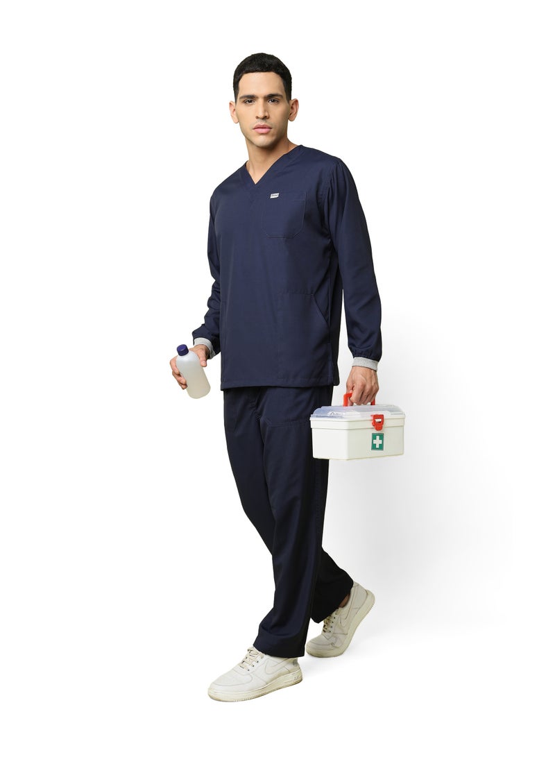 KNYA طقم ملابس طبية للرجال من KNYA Active بأكمام طويلة وخمسة جيوب | طقم من قميص وبنطال | ياقة على شكل حرف V | قماش مسموح به بالهوية | مريح | متين | الزي الموحد للأطباء والممرضين وأطباء الأسنان (مقاس 2XL لون، كحلي) - Image 1