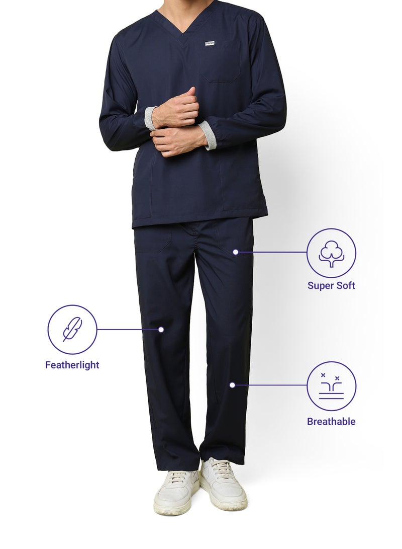 KNYA طقم ملابس طبية للرجال من KNYA Active بأكمام طويلة وخمسة جيوب | طقم من قميص وبنطال | ياقة على شكل حرف V | قماش مسموح به بالهوية | مريح | متين | الزي الموحد للأطباء والممرضين وأطباء الأسنان (مقاس 2XL لون، كحلي) - Image 5
