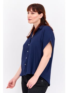 Swiss Alps Women Split Neck Short Sleeve Plain Shirt, Navy Blue  - Image 2