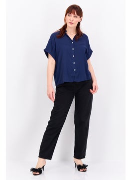 Swiss Alps Women Split Neck Short Sleeve Plain Shirt, Navy Blue  - Image 3