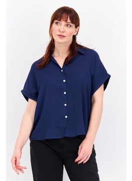Swiss Alps Women Split Neck Short Sleeve Plain Shirt, Navy Blue  - Image 1