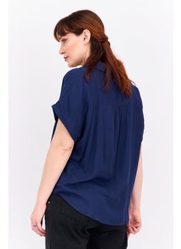 Swiss Alps Women Split Neck Short Sleeve Plain Shirt, Navy Blue  - Image 4