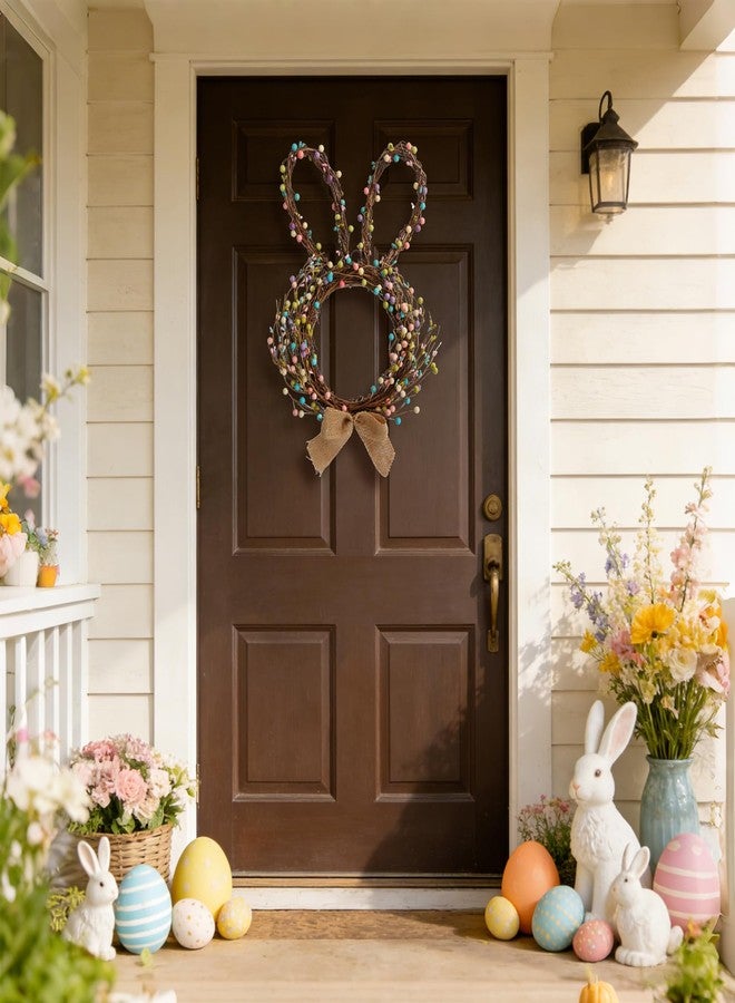 TEMPUS Easter Bunny Wreath for Front Door, 16.5 Inch Spring Rabbit Wreath with Blossom Flowers & Berries, Handmade Foam Bunny Door Hanger, Easter Decorations for Home Outdoor Indoor - Image 4