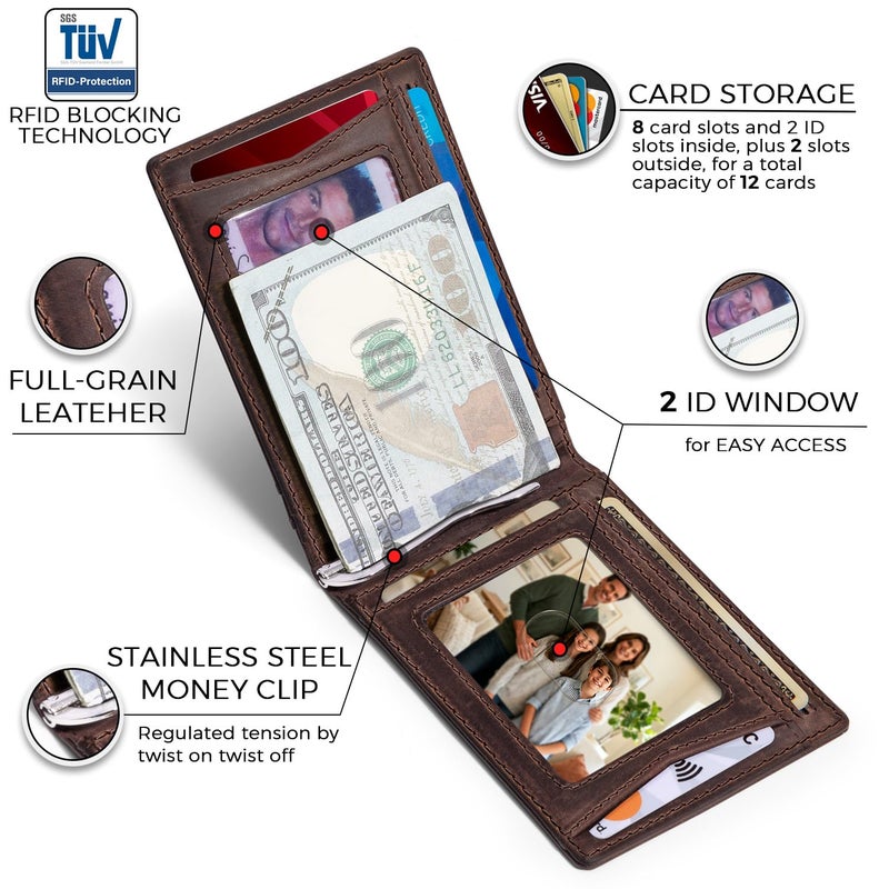 RUNBOX Genuine Leather Wallet for Men 12 Cards Slim Money Clip Mens Wallet Bifold Rfid Blocking with 2 ID Windows Card Holder Wallet with Gift Box - Image 3
