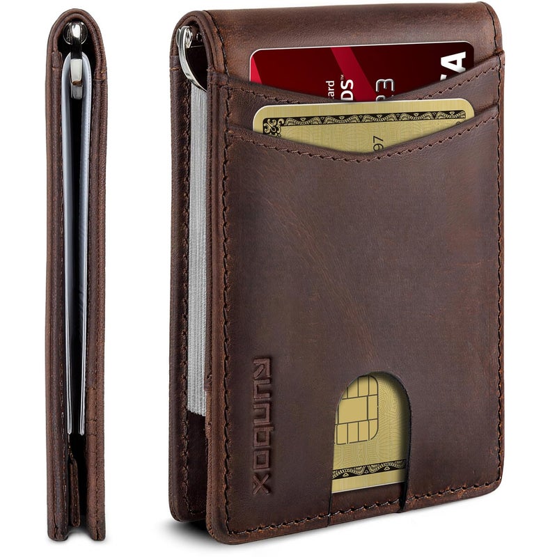 RUNBOX Genuine Leather Wallet for Men 12 Cards Slim Money Clip Mens Wallet Bifold Rfid Blocking with 2 ID Windows Card Holder Wallet with Gift Box - Image 1