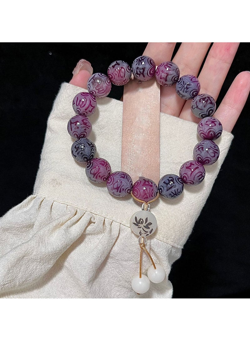 Purple Round Carved Bodhi Disc String with Lotus Pendant 