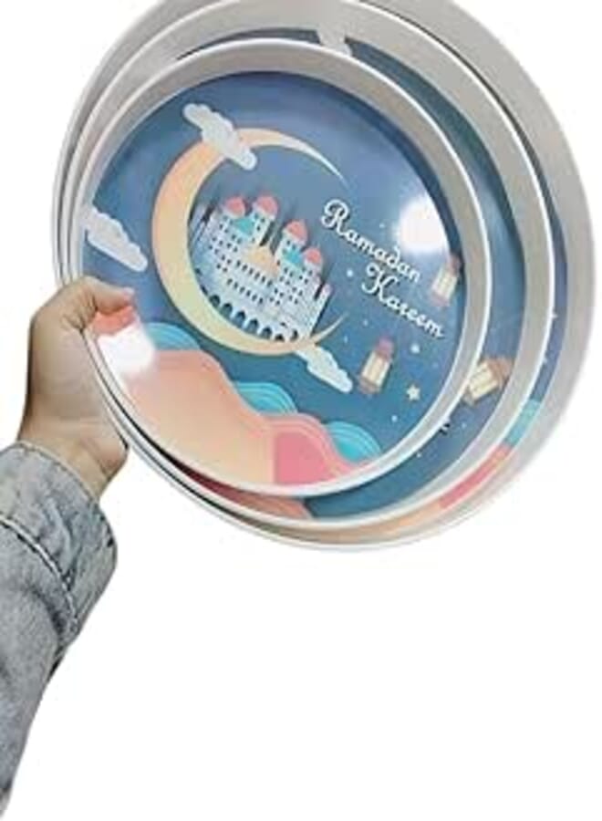 Decorative Ramadan Serving Tray Set, Islamic Mosque Design, 3 Pieces (Shape 2)