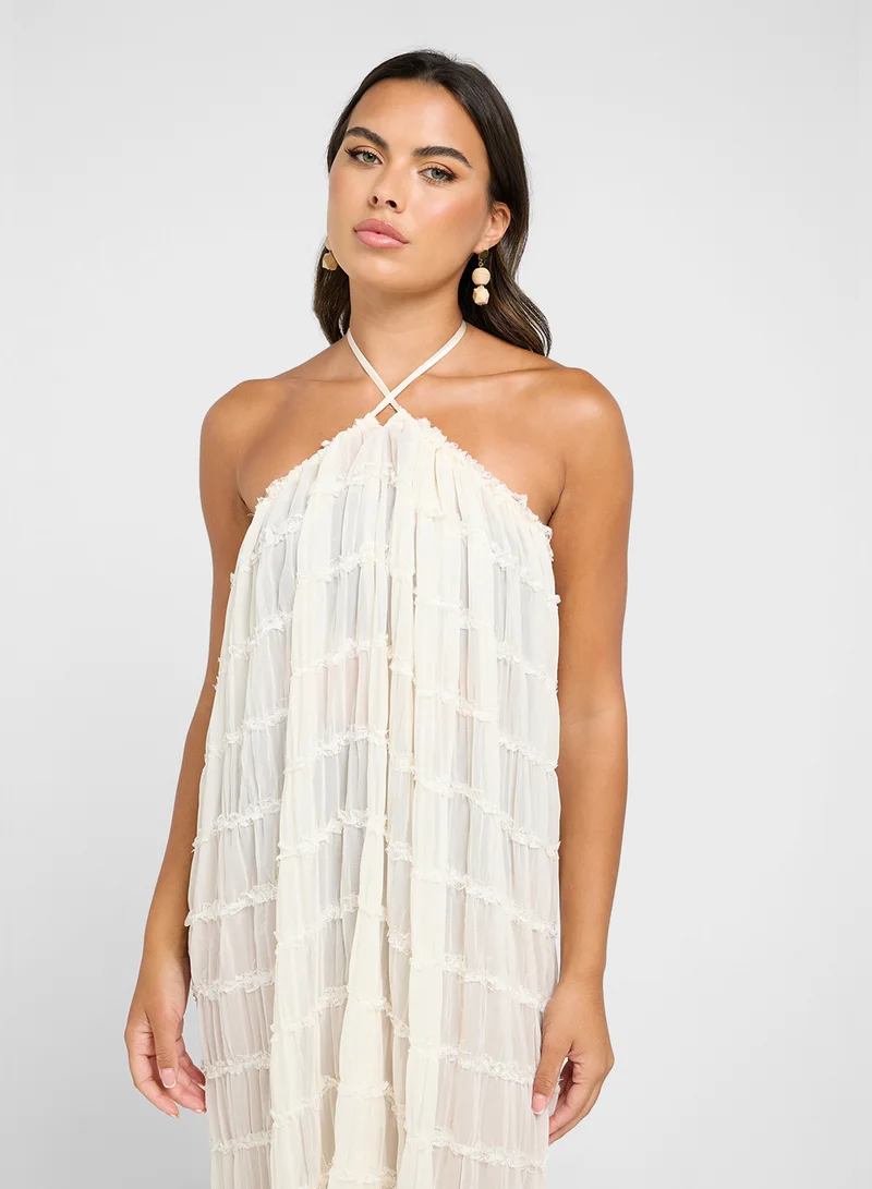 جينجر Halter Neck Shirred Sheer Backless Beach Coverup