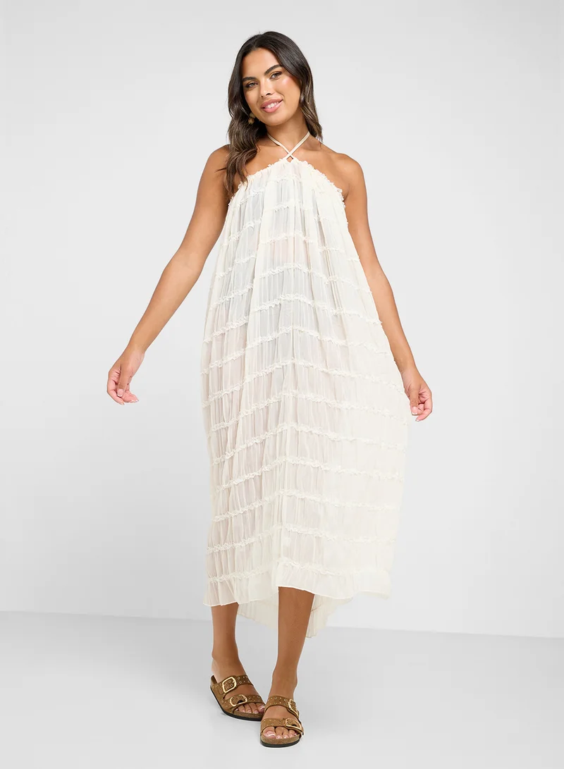 جينجر Halter Neck Shirred Sheer Backless Beach Coverup