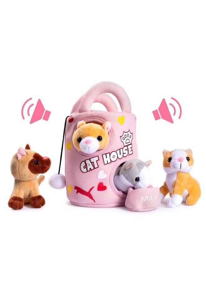 Plush Creations - Reations Plush Cat House For Kids Includes Plush Cat House Carrier With 4 Soft Stuffed Talking & Meowing Kittens & A Cat Plush Milk Bowl Best Interactive Toy For Babies Or Toddlers - Image 1
