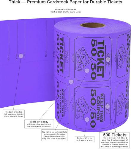 Tacticai 500 Raffle Tickets, 50/50, Purple (1 of 8 Colors), Double Roll, Large Ticket for Events, Entry, Class Reward, Fundraiser & Prizes - Image 2