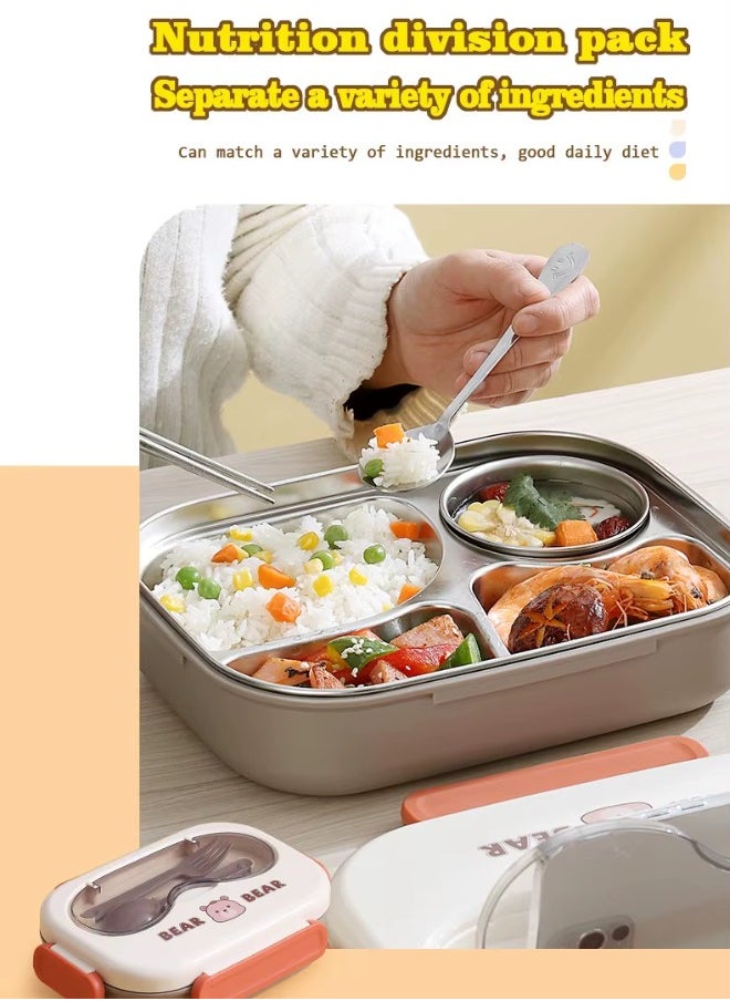 Twisoo - Twisoo Cute Cartoon Bento Stainless Steel Lunch Box Double Decker With Soup Bowl, Plastic Spoon, Fork, Steel Spoon and Pair of Chopsticks, BPA Free Leakproof Spill proof 3 Compartment (Cream) - Image 1