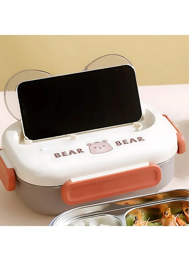Twisoo - Twisoo Cute Cartoon Bento Stainless Steel Lunch Box Double Decker With Soup Bowl, Plastic Spoon, Fork, Steel Spoon and Pair of Chopsticks, BPA Free Leakproof Spill proof 3 Compartment (Cream) - Image 1