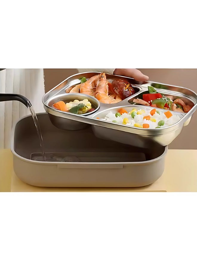 Twisoo - Twisoo Cute Cartoon Bento Stainless Steel Lunch Box Double Decker With Soup Bowl, Plastic Spoon, Fork, Steel Spoon and Pair of Chopsticks, BPA Free Leakproof Spill proof 3 Compartment (Cream) - Image 1