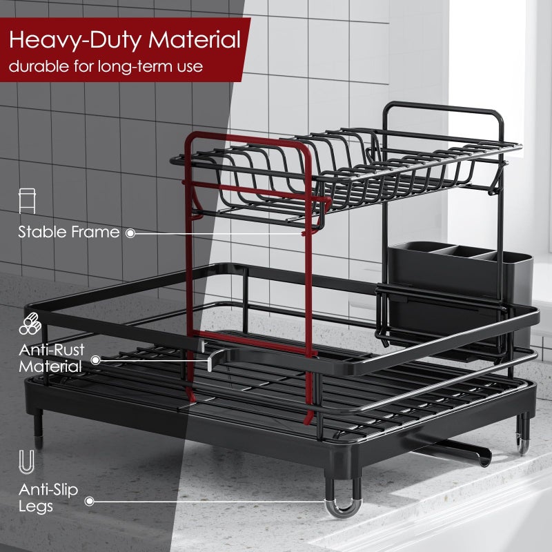 Sakugi Dish Drying Rack - X-Large Stainless Steel Dish Rack for Kitchen Counter, 2-Tier Kitchen Organizers and Storage for Dishes, Bowls, Cutlery, Black - Image 4