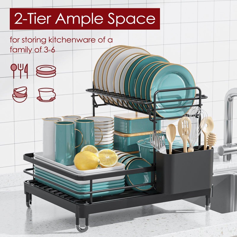 Sakugi Dish Drying Rack - X-Large Stainless Steel Dish Rack for Kitchen Counter, 2-Tier Kitchen Organizers and Storage for Dishes, Bowls, Cutlery, Black - Image 2