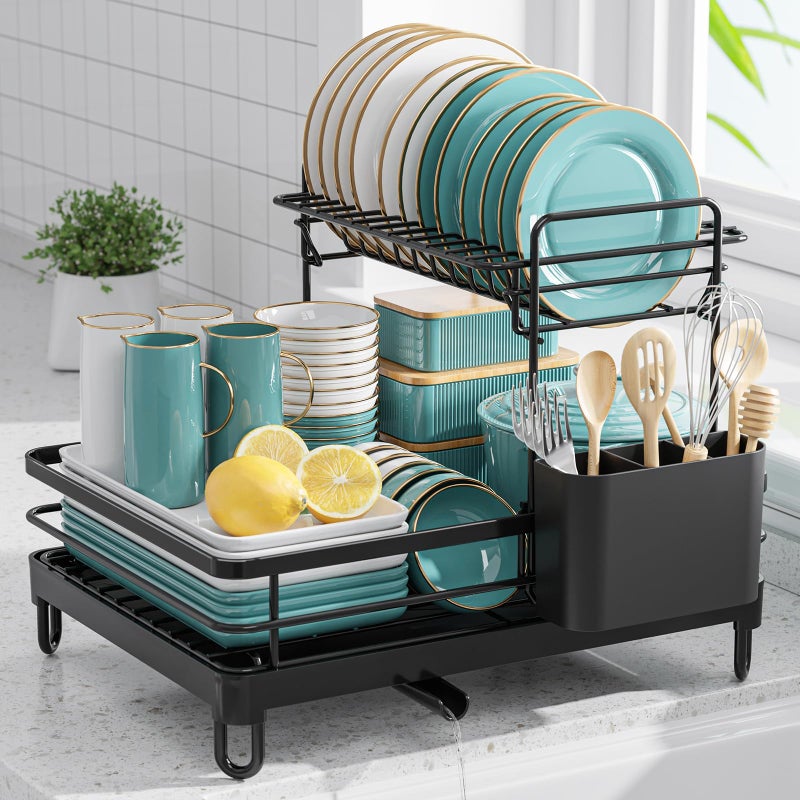 Sakugi Dish Drying Rack - X-Large Stainless Steel Dish Rack for Kitchen Counter, 2-Tier Kitchen Organizers and Storage for Dishes, Bowls, Cutlery, Black - Image 1
