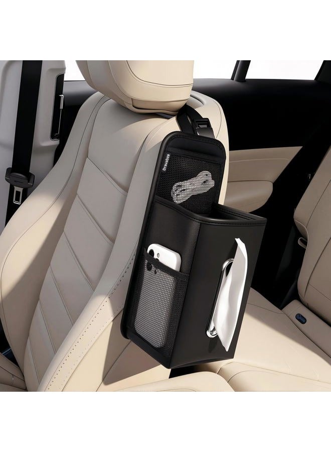 Drsvabze Full-Size Car Tissue Holder - Fits 200-Count Tissues, Stable Installation, Side Mount with 3 Mesh Pockets, Waterproof PU Leather, Accessible for Front & Rear Passengers - Image 1