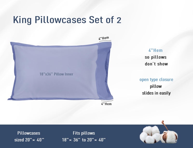 HOMTEC Cotton Pillow Cases King Size Set of 2 20 by 40 inches King Pillow Cases Purplish Blue King Pillow Cases King Pillowcases Cotton Percale Weave Pre-Shrunk Breathable and Hypoallergenic - Image 3