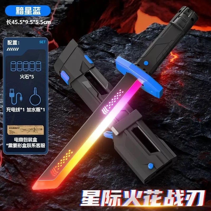 AL Flint Sword Dual-Blade Toy with Colorful Lights, Sound Effects, and Spray Action for Kids - 45CM Short Dark Star Blue (Standard 5 Flint) - Image 1