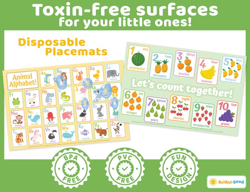 Bright Seed Disposable Placemats for Baby, Toddlers and Kids, Animals ABC & Numbers, 40 Disposable Baby mats for Restaurant, Dining Table & Travel, Learning Placemats for Kids, Toddler Travel - Image 2