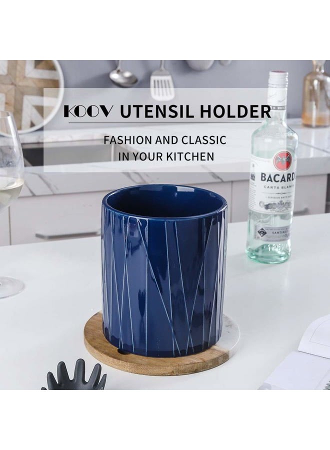 KOOV Kitchen Utensil Holder, Large Ceramic Utensil Crock, Deep and Stable, Utensils Caddy Irregular Striped Series (Aegean) - Image 2