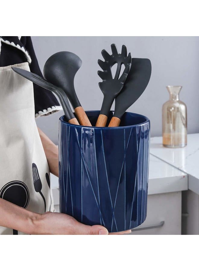 KOOV Kitchen Utensil Holder, Large Ceramic Utensil Crock, Deep and Stable, Utensils Caddy Irregular Striped Series (Aegean) - Image 4