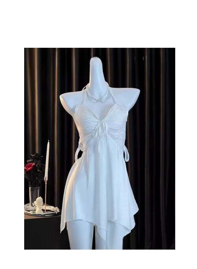 Lace Bow Ice Silk Suspender Underwear Pajamas (With Chest Cushion) - Image 1