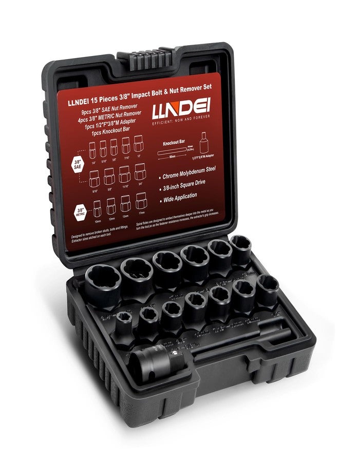 LLNDEI Bolt Extractor Kit, 15PCS Easy Out Stripped Lug Nut Removal Set with 3/8-Inch Drive, Heavy Duty CR-MO Steel with Adapter, Professional Mechanic Tools for Removing Broken Nut and Bolt - Image 1