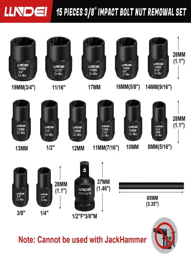 LLNDEI Bolt Extractor Kit, 15PCS Easy Out Stripped Lug Nut Removal Set with 3/8-Inch Drive, Heavy Duty CR-MO Steel with Adapter, Professional Mechanic Tools for Removing Broken Nut and Bolt - Image 2