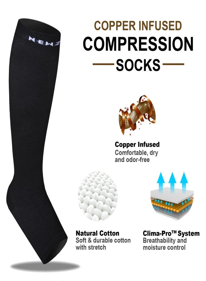 NEWZILL Copper Compression Socks for Women & Men Circulation 20-30mmHg, Graduated Open Toe, Cotton Compression Socks for Nurses, Black, L-XL - Image 2