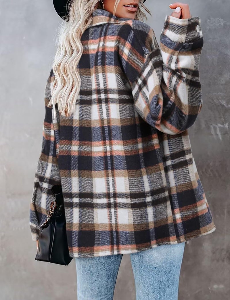 ZOLUCKY Womens Casual Flannel Shirts Button Down Long Sleeve PlaidJackets Oversized Outerwear, Blue Medium - Image 4
