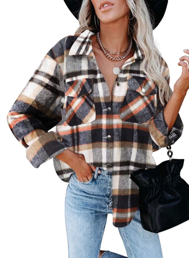 ZOLUCKY Womens Casual Flannel Shirts Button Down Long Sleeve PlaidJackets Oversized Outerwear, Blue Medium - Image 2