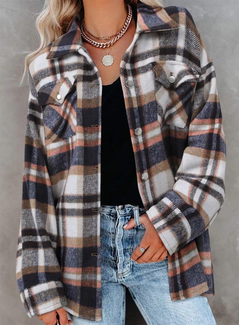 ZOLUCKY Womens Casual Flannel Shirts Button Down Long Sleeve PlaidJackets Oversized Outerwear, Blue Medium - Image 3