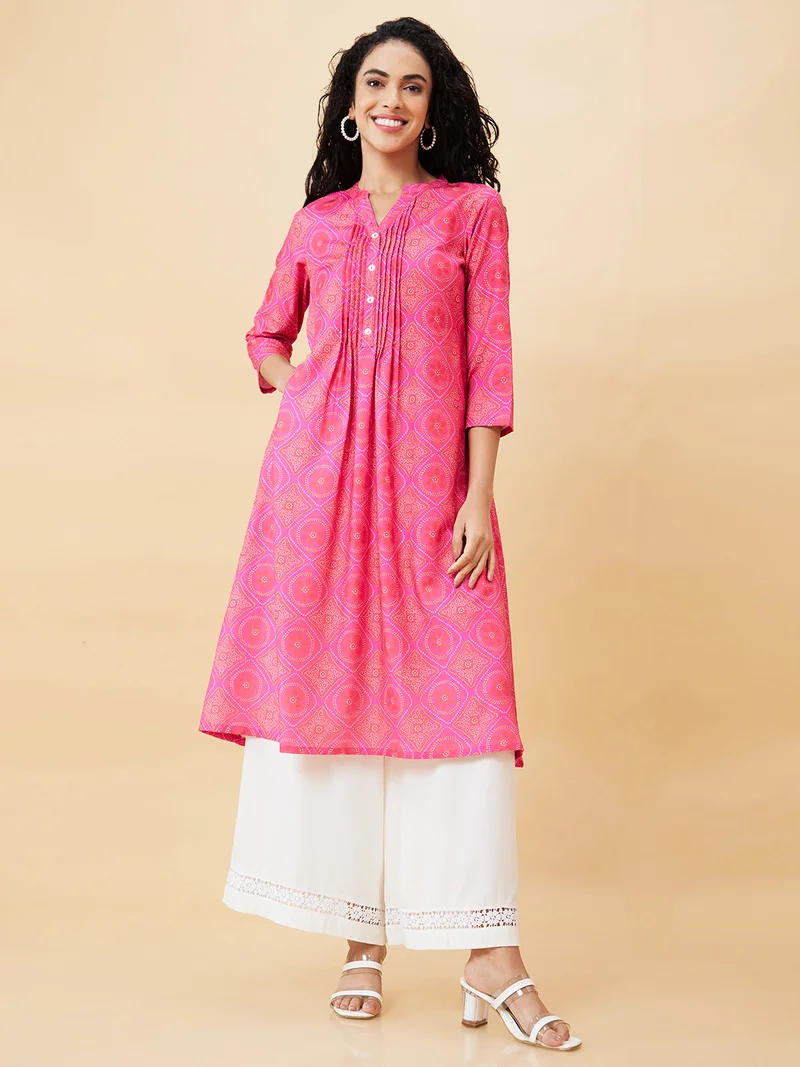 globus Women Ethnic Motifs Printed Mandarin Collar A-Line Kurta