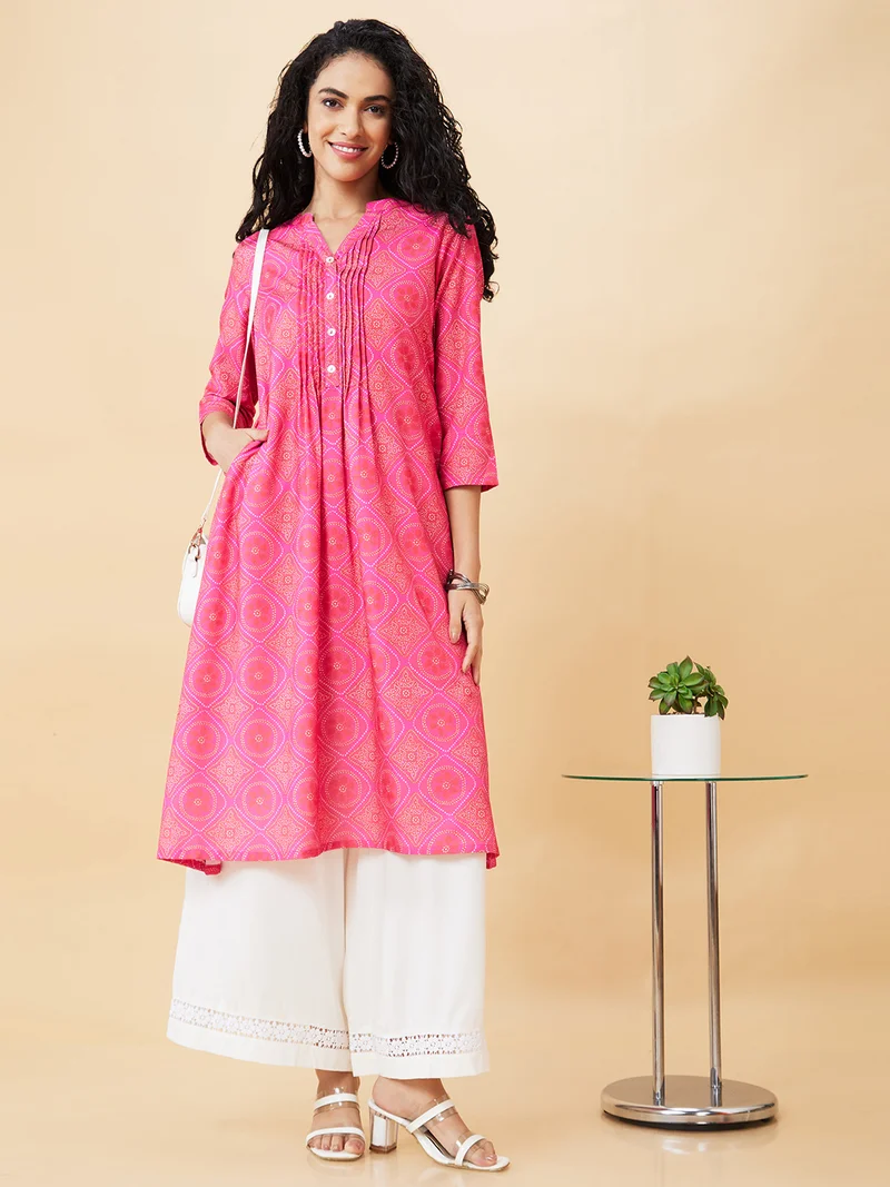 globus Women Ethnic Motifs Printed Mandarin Collar A-Line Kurta